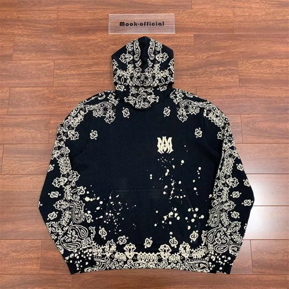 Amiri Logo Embroidered Bandana Print Hoodie - Black - Picture 1 of 12